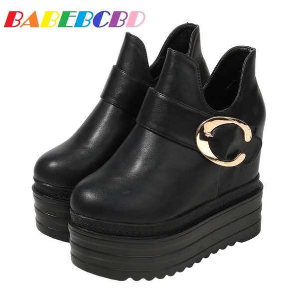 

slope heel 15 cm muffin heel thick bottom roman shoes women's short boots inside heightening casual women's shoes, Black