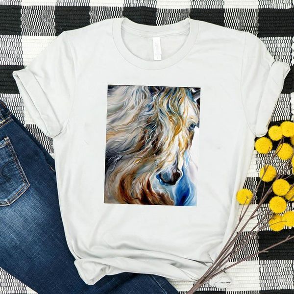 

women lady t shirt horse oil painting printed tshirt ladies short sleeve tee shirt women female clothes graphic t-shirt, White