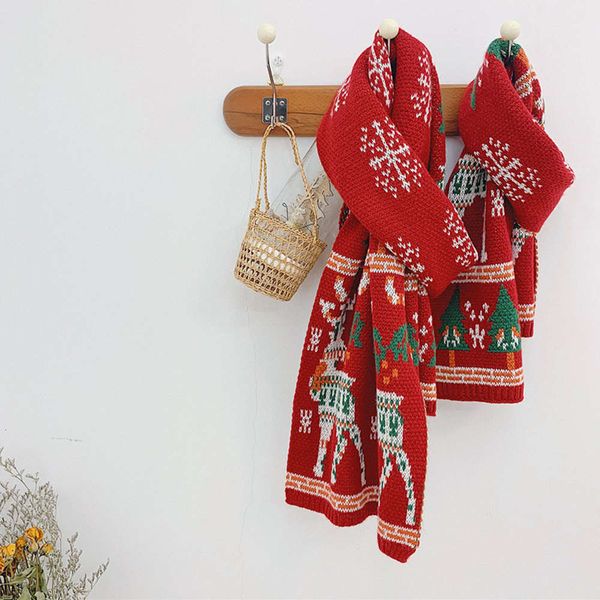 

scarf knitting jacquard fawn new children's parent-child bib christmas gift red wool warm towel ajv6, Red;brown
