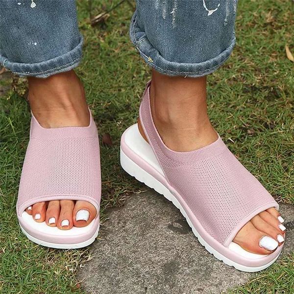 

cootelili female women sandals fashion summer sandalias platform mid heel slip on black stretch fabric women shoes plus size 43 #3b16
