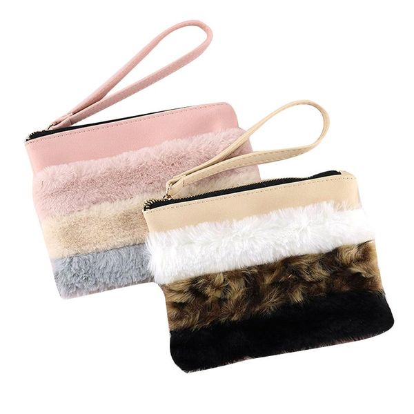 

women's cosmetic bag multi-purpose plush leather zipper handbag for cash keys cards lipsticks perfume