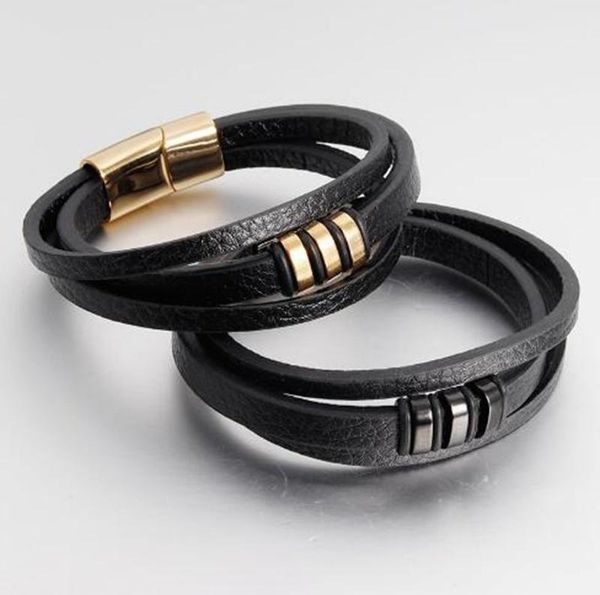 

bangle classic punk three layer leather bracelet men jewelry woven, Black