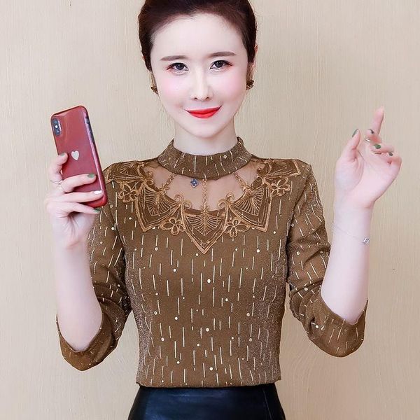 

new women's spring autumn embroidery lace shirts women's o-neck blouses long sleeve elegant fashion women's dd8287, White