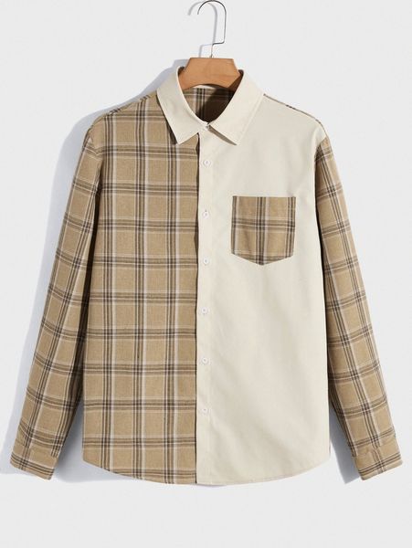 

men colorblock plaid graphic patched pocket shirt i5mv#, White;black