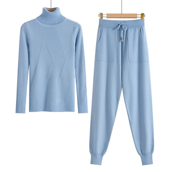 

gigogou women knitted tracksuit turtleneck sweater casual suit autumn winter 2 piece set knit pants sporting suit femme clothing lj200814, White
