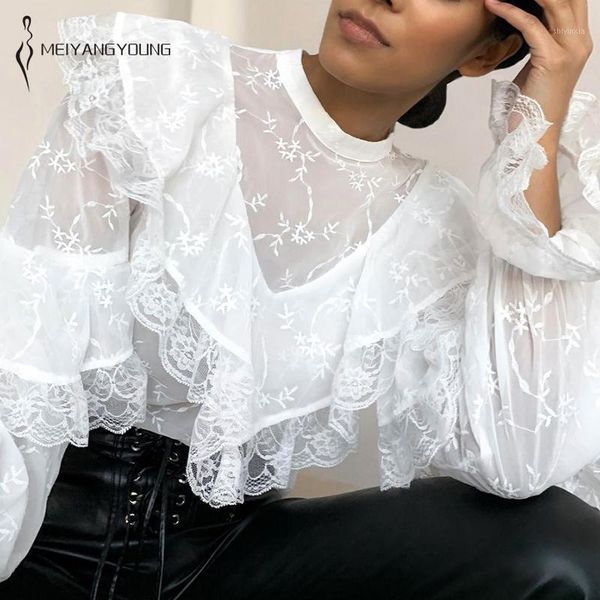 

meiyangyoung ruffles white lace blouse women long sleeve female shirt o-neck streetwear ladies blouse shirt women's clothing1