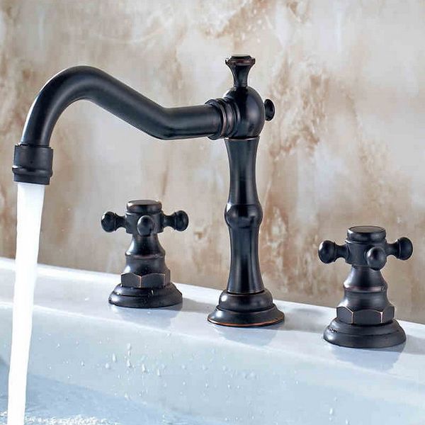

black oil rubbed bronze double handles 3 holes install widespread deck mounted bathroom basin faucet sink mixer tap mhg004