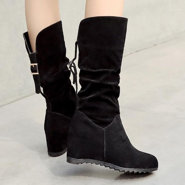 

stretch fabric thigh high boots women pure color round toe lace-up suede boots wedge heels vintage botas mujer footwear1, Black