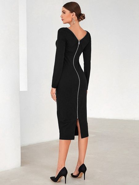 

zip back bodycon dress without belt e8xd#, Black;gray