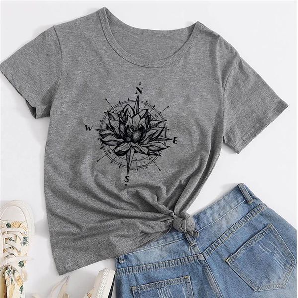 

2021 streetwear minimalism new t shirt women oversize refreshing t shirt special grey lotus and big compass graphic shirt, White