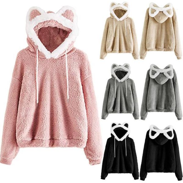 

womail women sweatshirts lovely with bears ear solid hoodie pullovers warm faux fur fluffy sweatshirt cute casual long sleeve1, Black