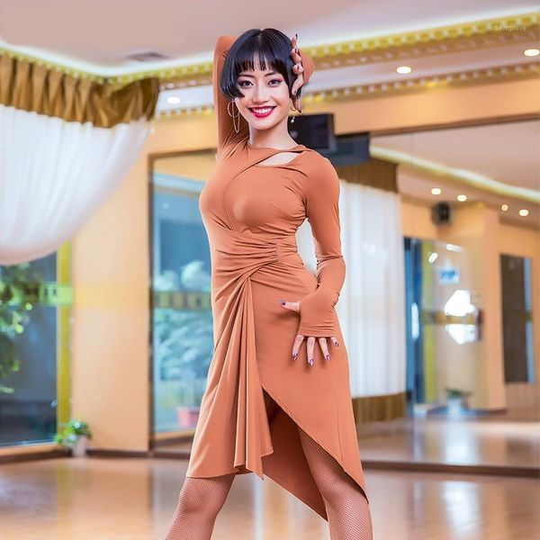 

modal cutout long sleeve placketing irregular latin dance one-piece dress for female women ballroom costume flamengo wears m31281, Black;red