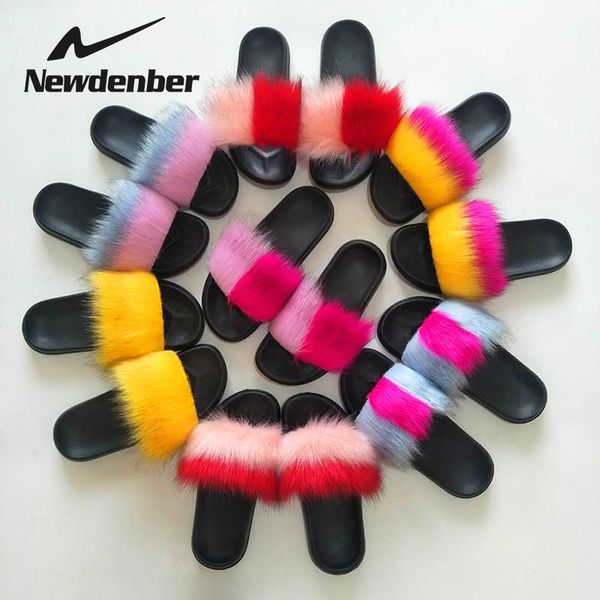 

slippers 2021 women fur plush slides home furry flat sandals female cute fluffy house shoes woman, Black