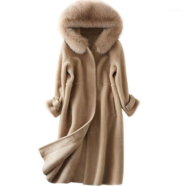 

collar sheep shearing real fur autumn winter jacket clothes 2020 long coat hooded women zt2261, Black