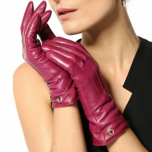 

five fingers gloves 2021 fashion elegant women' touchscreen wrist genuine leather winter warm fleece sheepskin driving touch glove eld, Blue;gray