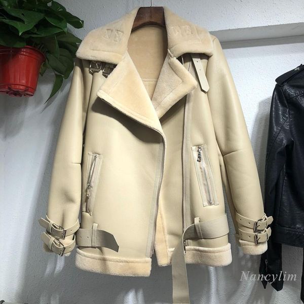 

soft lambswool fur patch faux leather jacket women's loose thick motorcycle cotton coat winter clothes female 2020 winter1, Black