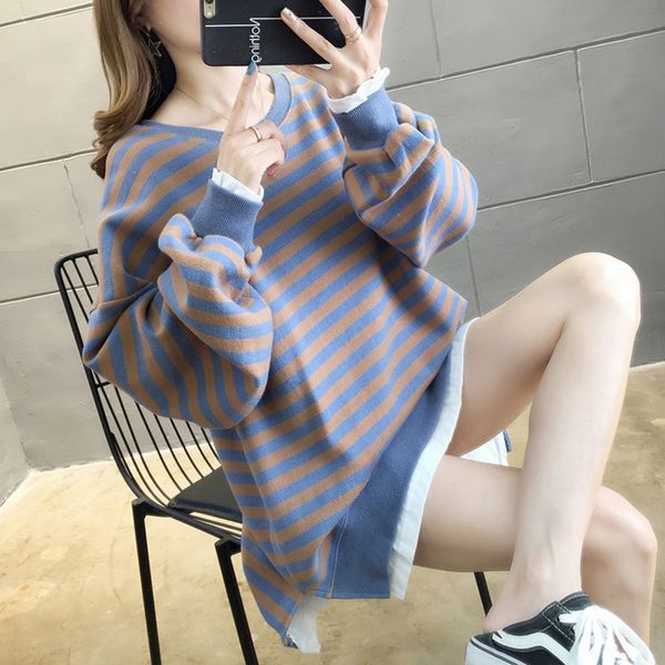 

fall 2020 new loose thin stripe super fire cec sweater versatile korean fake two piece women's coat, Black