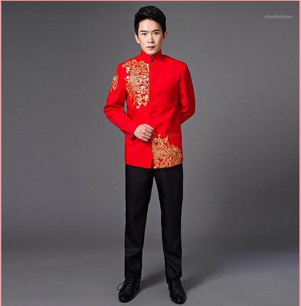 

chinese young men jacket stand collar red white blue wedding costume chinese zhongshan cantata clothing traditional male1