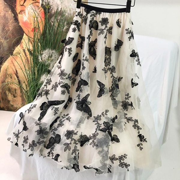 

womens skirts summer 2020 latest elastic waist butterfly embroidery gauze skirt wearable in all seasons breathable a line skirts1, Black