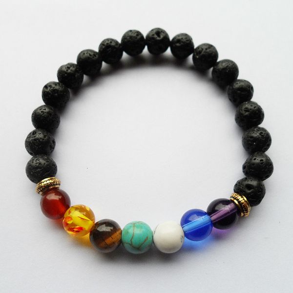 

black lava volcanic stone 7 chakra bracelet,natural yoga bracelet,healing reiki prayer balance buddha beads bracelet, Golden;silver