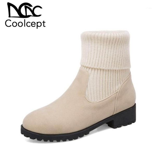 

boots coolcept women half short winter elastic knitted flats shoes round toe casual keep warm footwear size 34-431, Black