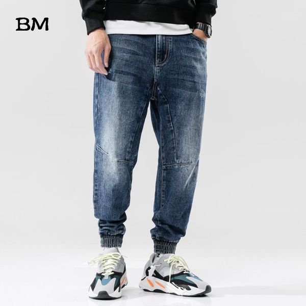 

fashion streetwear men jeans loose fit spliced designer harem jeans men cargo pants japanese style hip hop joggers homme1, Blue