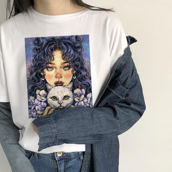 

vintage summer harajuku tees cartoon star print large size loose female short sleeve ulzzang sweet new flower art t-shirt, White