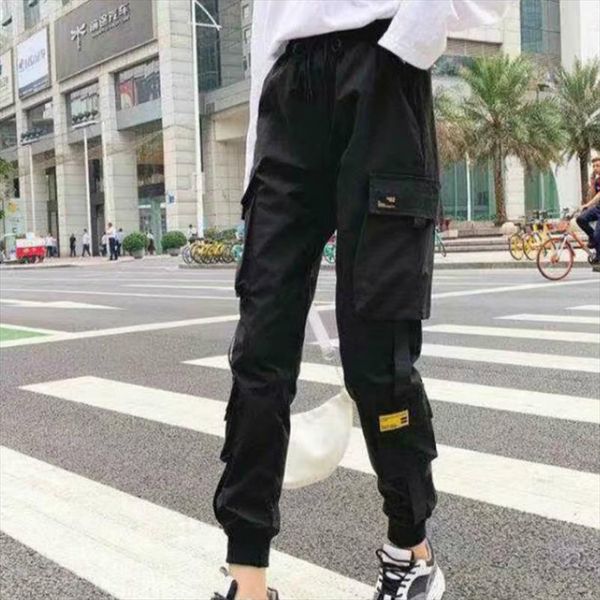 

women fashion streetwear cargo pants black ankle length elastic waist joggers female loose trousers casual haren running pants, Black;white
