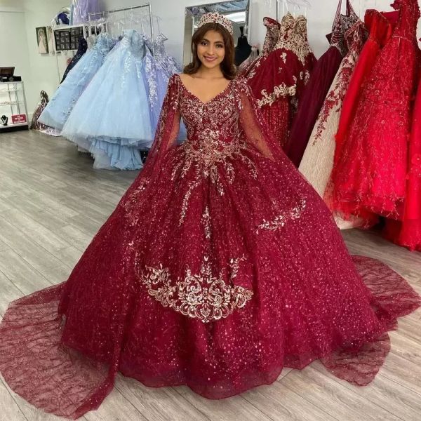 Темно-красные платья Quinceanera оборками кружева аппликация блестки кристаллы длина полов длинные рукава тюль сладкий 16 пагентное мяч платья на заказ формальные Vestidos