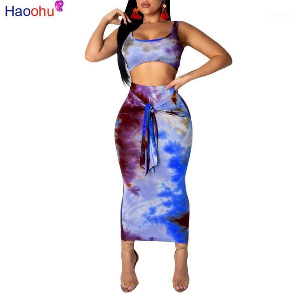 

haoohu two piece set club outfits tie dye crop and midi skirt set bodycon 2 piece summer clothes women matching sets1, White