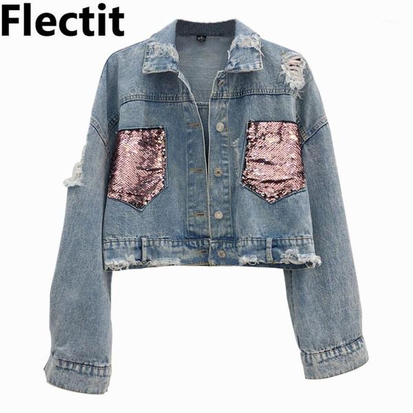 

flectit vintage 80s sparkled sequin crop denim jacket women frayed long sleeve contrast pockets jeans jackets1, Black;brown