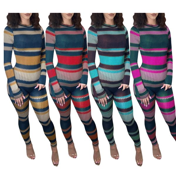 

women jumpsuits slim colorful stripes onesies long sleeve pants ladies new fashion casual printed tight rompers 1f2p, Black;white