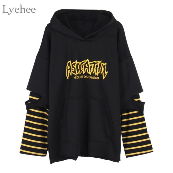 

lychee harajuku punk hooded sweatshirt stripe patchwork hole long sleeve hoodies casual loose streetwear tracksuit 201203, Black