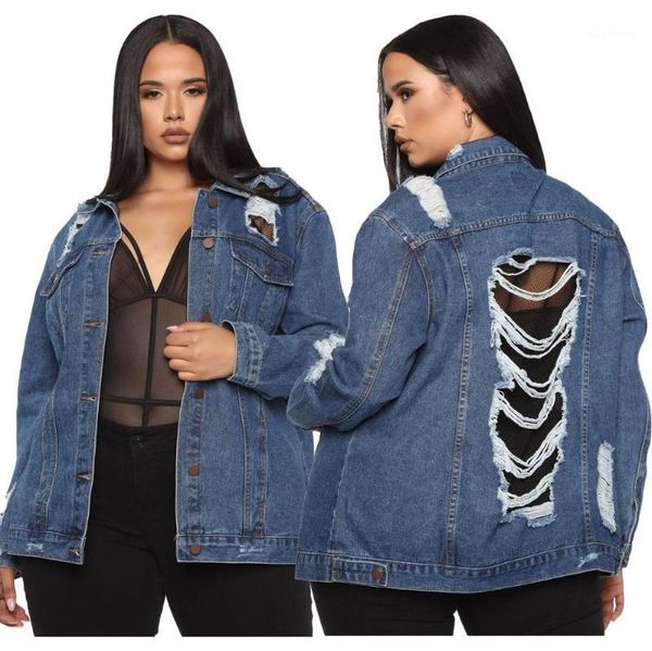 

easy matching women plus size solid ripped denim jackets 2021 autumn winter lady's single-breasted hollow out loose coats1, Black;brown