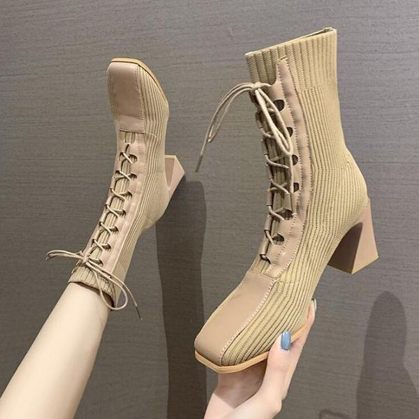 

boots boots женские сапоги женские туфли женщины мода на высоком каблуке носки 2021 осень новая дышащая короткая, Black