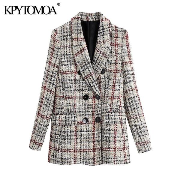 

kpytomoa women 2021 fashion double breasted tweed check blazers coat vintage long sleeve pockets female outerwear chic, White;black