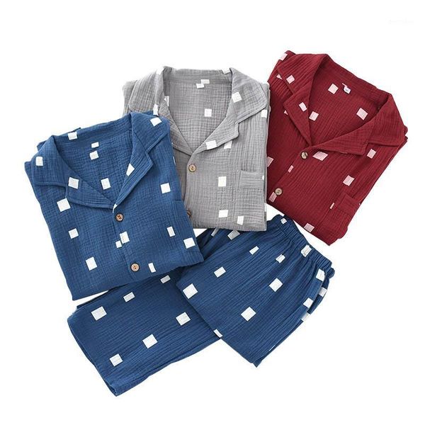 

men's sleepwear spring men's gauze cotton pajamas set simple style turn-down collar full sleeve clothes+pants 2pcs homewear1, Black;brown