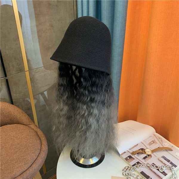 

new wig hat female fall winter joker bucket hat long straight hair fashion online celebrity hair fisherman woman high quality, Blue;gray