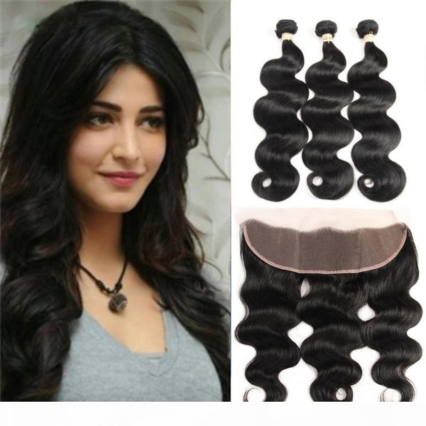 

brazilian virgin hair body wave with lace frontal 3 bundles with 13x4 ear to ear lace frontal closure with bundles hc hair products, Black