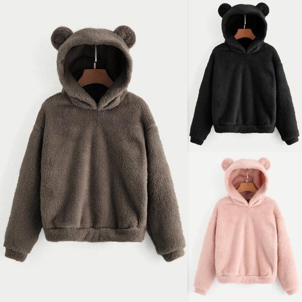 

women's sweaters s-2xl long sleeve fleece sweatshirt kawaii warm bear ears shape fuzzy hoodie winter pullover homesuit sweater pull, White;black