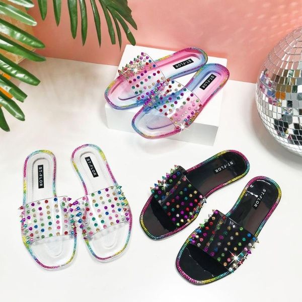 

slippers 2021 fashion pvc transparent crystal color willow nail jelly flat sandals women's outer wear beach shoes summer, Black