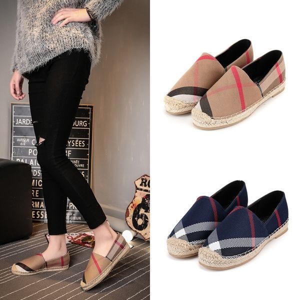 

classic tartan canvas shoes women's round head grass-woven linen ox bottom kick lazy person casual shoes women y200801, Black
