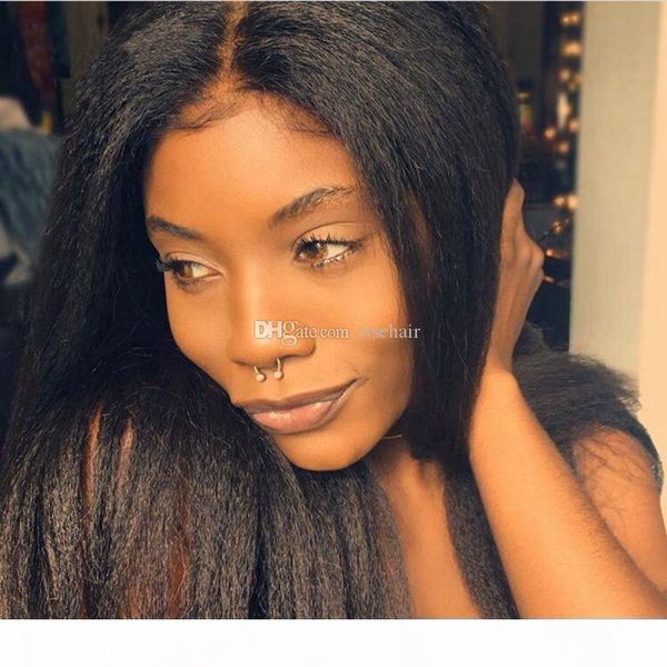 

glueless full lace wig yaki straight pre plucked bleached knots brazilian virgin human hair lace front wig 150% density, Black;brown