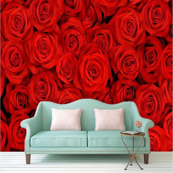 Benutzerdefinierte Foto-Wandbilder 3d stereoskopisches großes Wandgemacht von roten Rosen Wohnzimmer TV Hintergrund Tapete Thema Zimmer