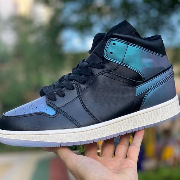 

jumpman 1 mid iridescent black black pale ivory multi color big size shoes gym shoes mens shoes schoenen