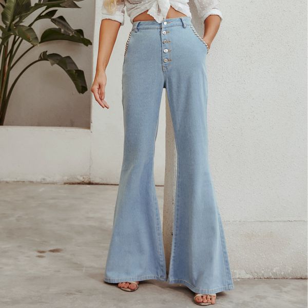 

30158# women's fashion high waisted flared washing jeans pants, Blue