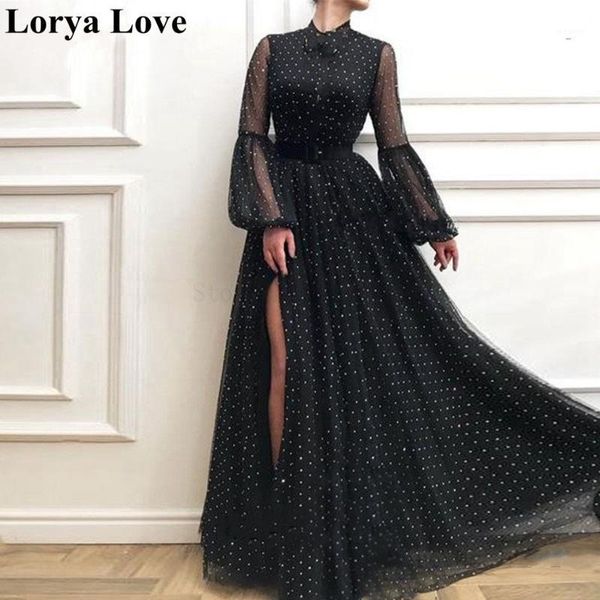 

black illusion split evening dresses 2020 women elegant party night long sleeves vestidos gala robes tulle prom dress1, White;black