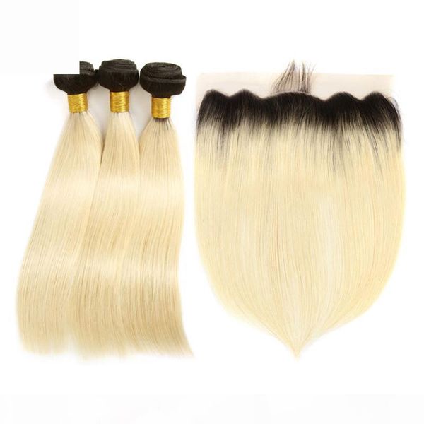 

t1b 613 blonde ombre weave bundles with frontal brazilian virgin human hair 3 bundles with 13*4 part lace frontal for black women, Black;brown