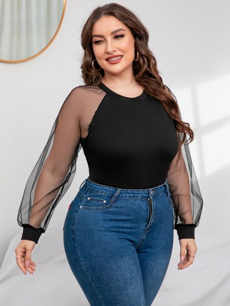 

plus contrast mesh raglan sleeve bodysuit m5jn#, Black