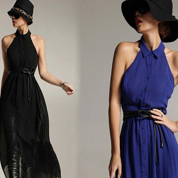 

elegant hair thin waist band women vintage waist leather belt candy color chain belt for women waistband dress accessories, Black;brown